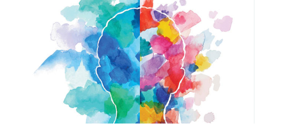 A white human head silhouette overlays a vibrant watercolor background split into cool blue tones and warm red accents.