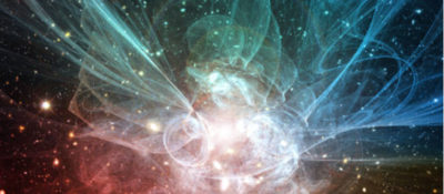 Bright white light pulses from the center, radiating expansive blue and teal energy currents across a dark cosmic backdrop.