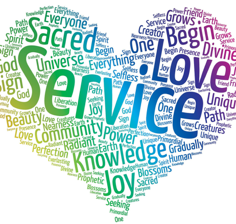 Words like Service, Love, and Sacred cluster inside a colorful heart, illustrating the core principles of community service.