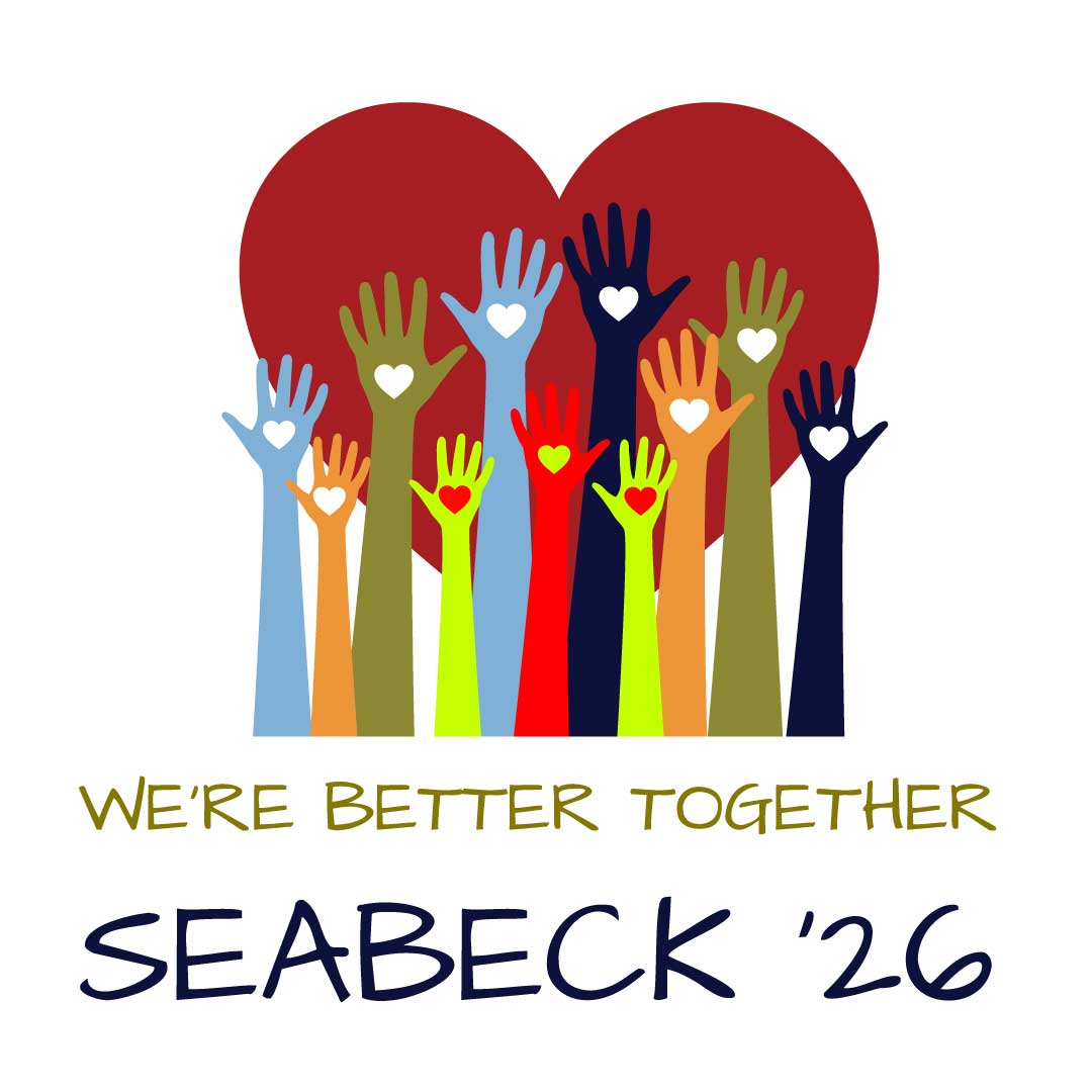 A large red heart sits behind several raised arms, while text below reads We're Better Together and Seabeck '26 in bold.