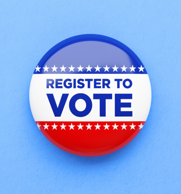 A round political button features blue and red stripes with white stars bordering the text that says REGISTER TO VOTE.