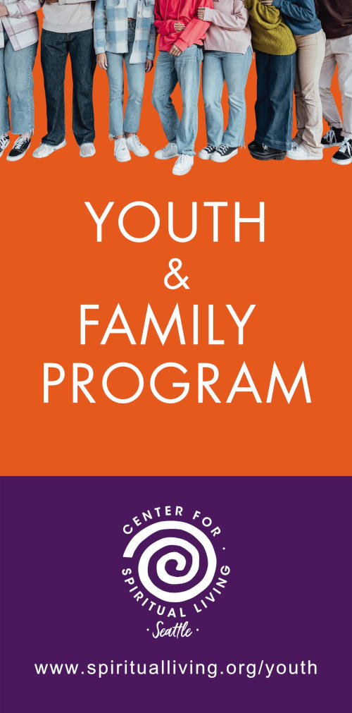 Youth in jeans stand in a line against an orange background with the text Youth and Family Program above a purple logo.